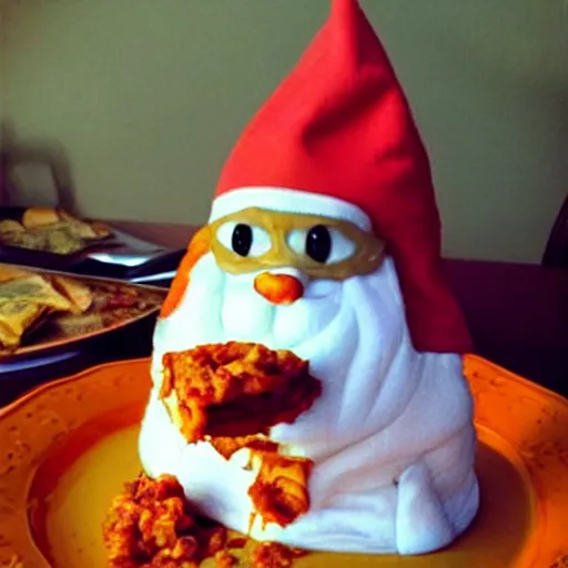 Image similar to “ garfield the cat dressed as a gnome eating lasagna ”