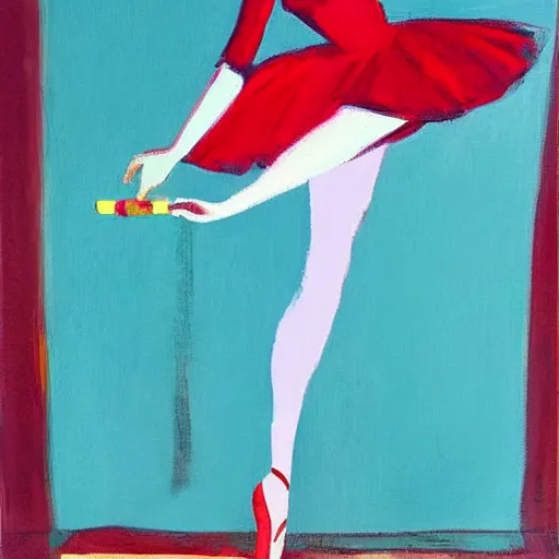 Image similar to painting of a ballerina drinking wine in a teal room, red background