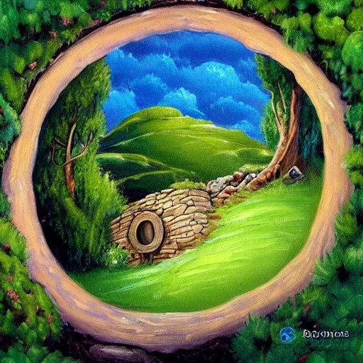 Image similar to landscape painting of bag end hobbit hole, round door, tolkein, lord of the rings, painting by bob ross