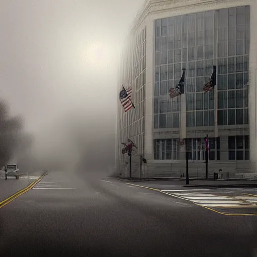 Image similar to a nut attacking the fbi headquarters, digital painting, high quality, volumetric fog