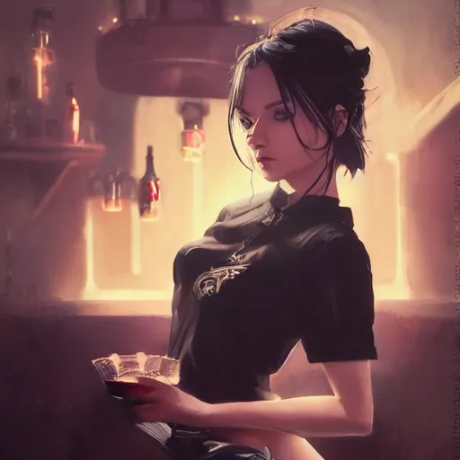 Image similar to enchanting bar maid, tattoos, black t - shirt, black skirt, detailed portrait, intricate complexity, by greg rutkowski, artgerm, ross tran, conrad roset, takato yomamoto, ilya kuvshinov. 4 k, beautiful, cinematic dramatic atmosphere