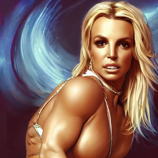 Prompt: britney spears, kim kardashian, carmen electra, muscular, intricate, highly detailed, digital painting, artstation, concept art, smooth, sharp focus, illustration, art by artgerm and greg rutkowski, alphonse mucha, boris vallejo, andrei riabovitchev, and frank frazetta