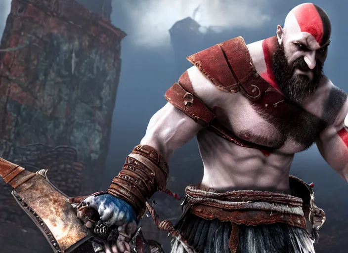 Image similar to in game screenshot of kratos holding up a laptop computer in victory from the new god of war game, 4 k