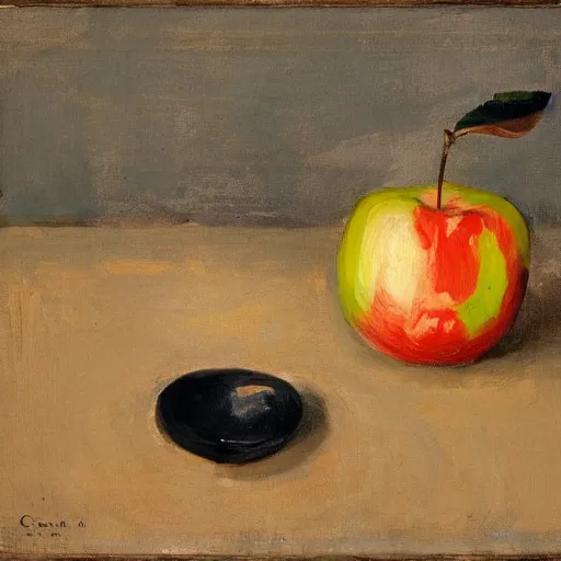 Prompt: house in a giant apple in the style of Cecilia Beaux (1855–1942), American portrait painter