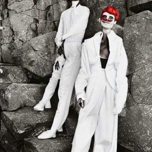 Image similar to kitsch fashion, trashy photo, androgynous people in white clothes, new age, vogue