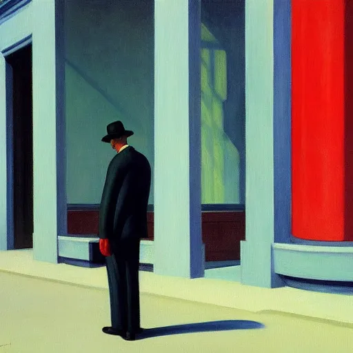 Image similar to painting of a lone man in front of a tall building. by edward hopper and james gilleard