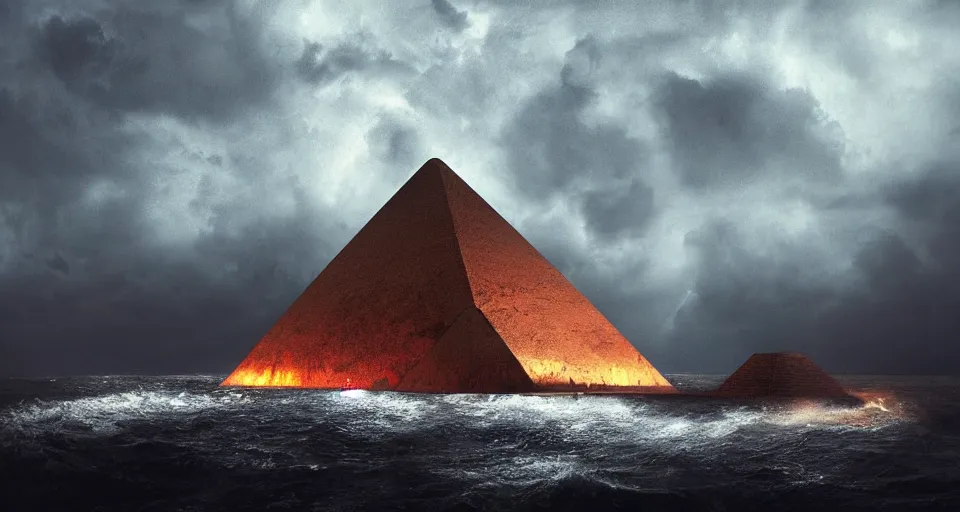 Prompt: pyramid shaped ww 2 fortress, bunker, island, by raging stormy seas by eugene von guerard, ivan shishkin, night, red lightning!!, storm!, dramatic lighting, concept art, trending on artstation, 8 k
