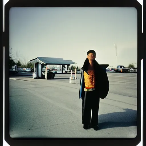 Prompt: a mongolian cyborg at a gas station, 9 0 s polaroid, by jamel shabbaz, robert mapplethorpe, davide sorrenti