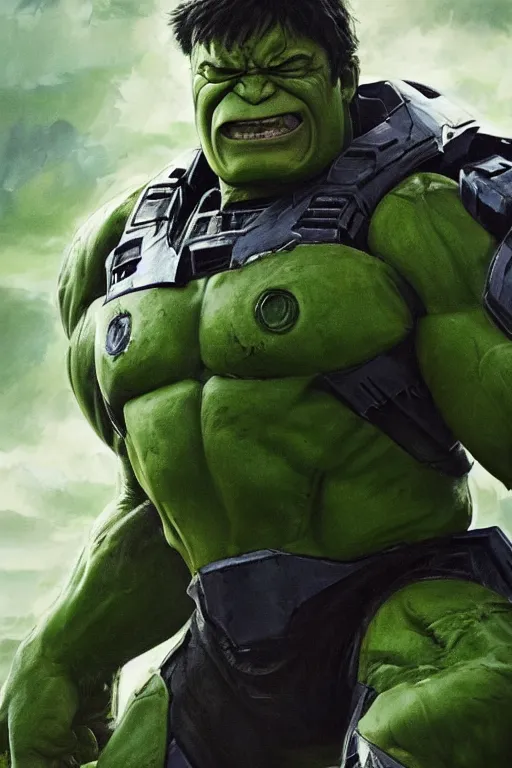 Prompt: master chief playing the hulk in the new avengers movie, oil on canvas, intricate, portrait, 8 k highly professionally detailed, hdr, cgsociety