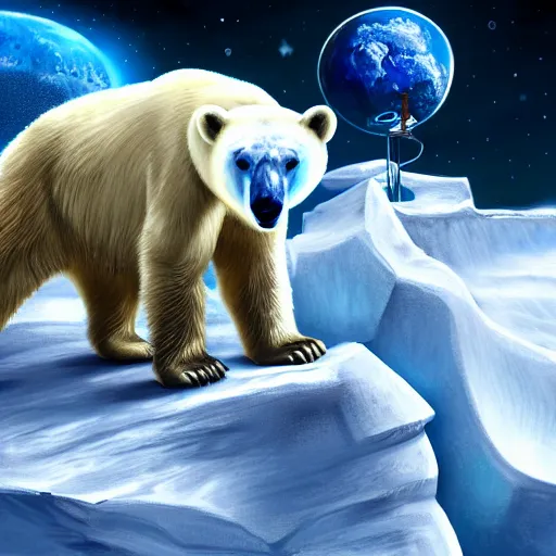 Image similar to polar bear drinking beer on iceberg in mars, beer can in hand, beer can, outer space, planet mars, illustration, computer painting, high resolution,, trending on deviantart, hdr, hyper detailed, insane details, intricate, elite, ornate, dramatic lighting