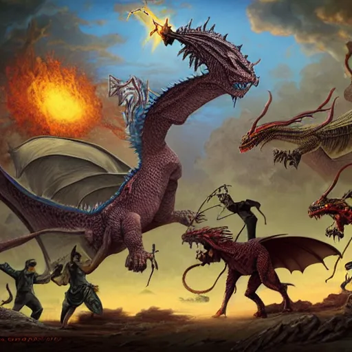 Image similar to a group on adventures fighting a mighty dragon, by Keith Parkinson