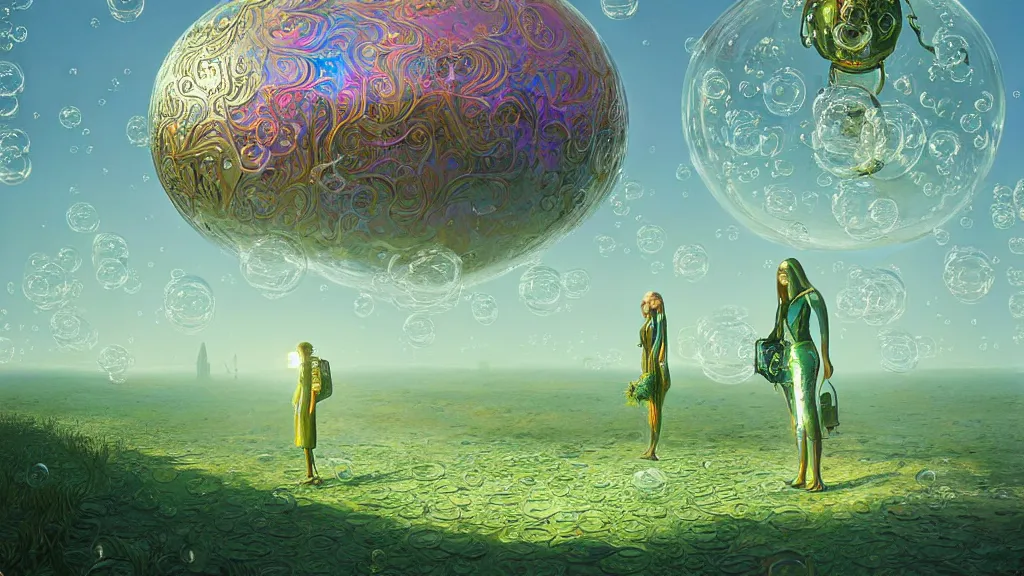 Image similar to a beautiful woman inside ornate bubbles of iridescent liquid, alchemy, intricate, bloom, detailed, volumetric lighting, sharp focus, photorealism, digital painting, highly detailed, concept art, by roger dean and simon stalenhag and mark brooks