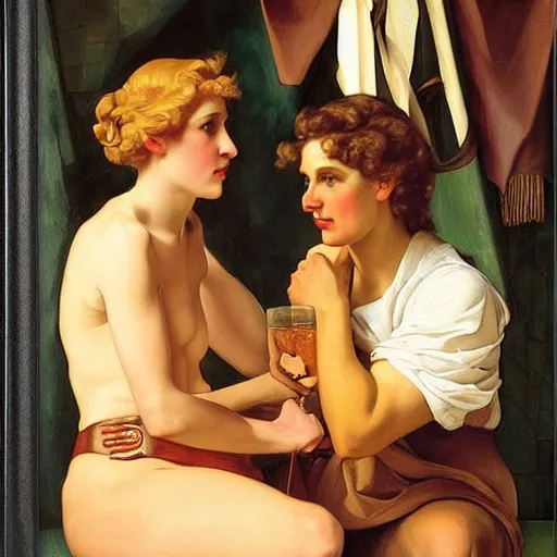 Image similar to biblical david and goliath are actually good friends and are having a pint together, by j. c. leyendecker, tamara de lempicka, bouguereau