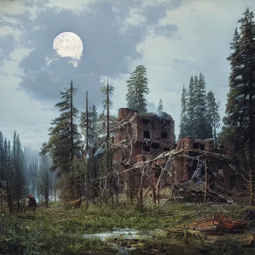 Image similar to a ivan shishkin and simon stalenhag photo of a ruined building the sky is cloudy. the moon is full. an enormous robot