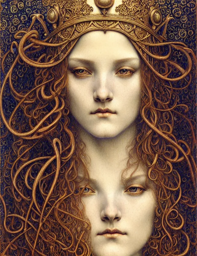 Image similar to detailed realistic beautiful young medieval queen face portrait by jean delville, gustave dore and marco mazzoni, art nouveau, symbolist, visionary, gothic, pre - raphaelite. horizontal symmetry