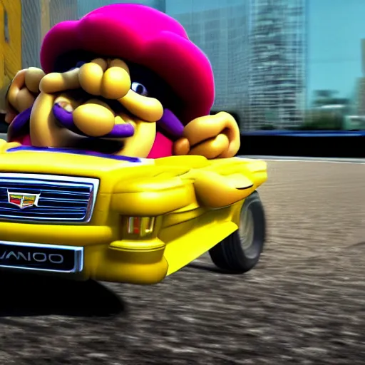 Image similar to wario driving a cadillac, ultra realistic