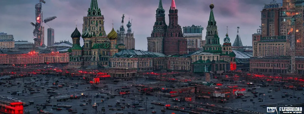 Image similar to alien predator attacks moscow red square. extreme long shot. cyberpunk