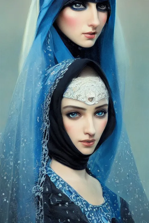 Image similar to arab Ameera al-Taweel, bright blue eyes, black hair, simple white veil, closeup, focus face, elegant, highly detailed, centered, oil painting, artstation, concept art by tom bagshaw