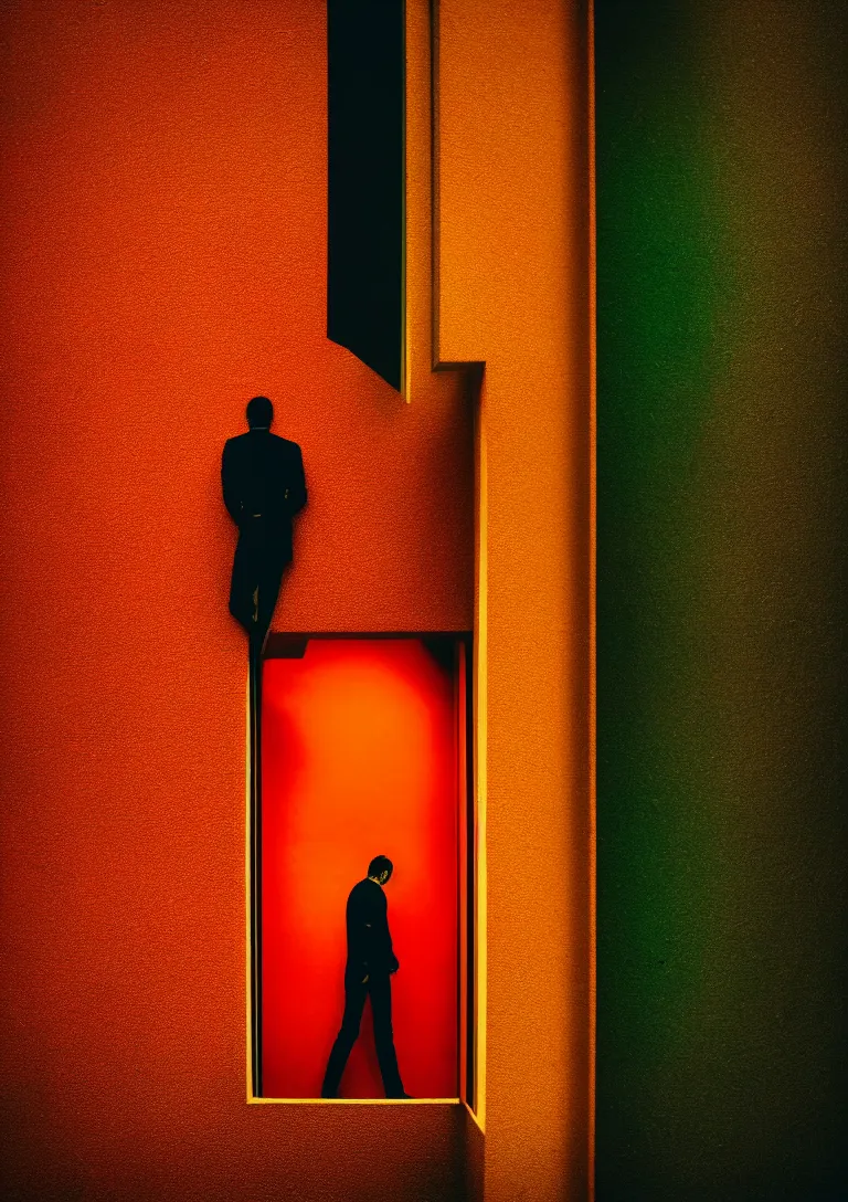 Prompt: Behind the troubled indecisive man was The portal into his imagination containing a swirling vortex of memories and ideas. 35mm photograph, f22 crisp focus, dramatic lighting. Award winning photography. Introspective. Red orange yellow green themed.