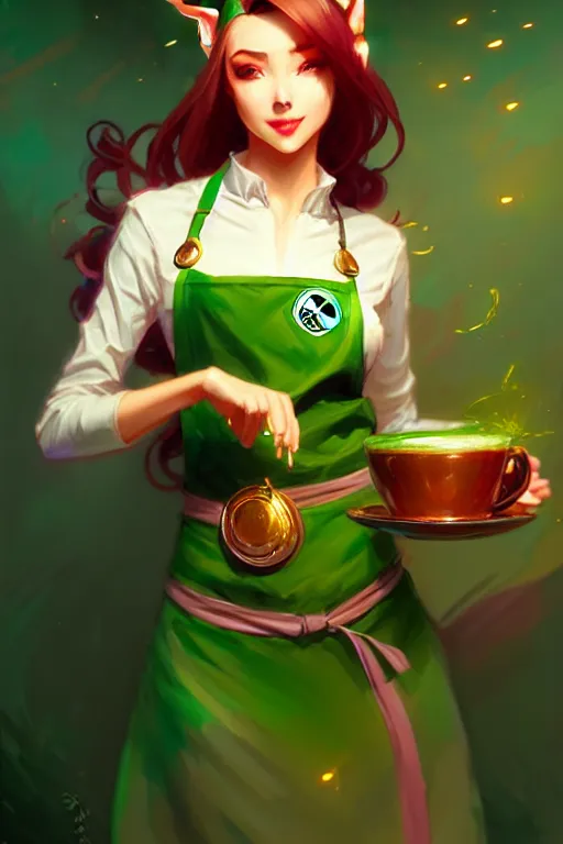 Prompt: detailed character full face portrait of a green starbucks apron barista blood elf artgerm greg rutkowski mucha ross tran magical atmosphere neon colors