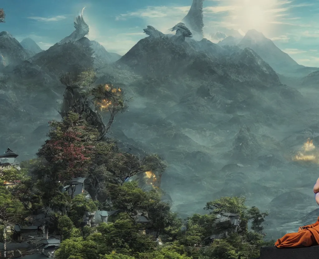 Image similar to a monk is meditating calmly on a beautiful mountain, in the foreground there is godzilla attacking a small village