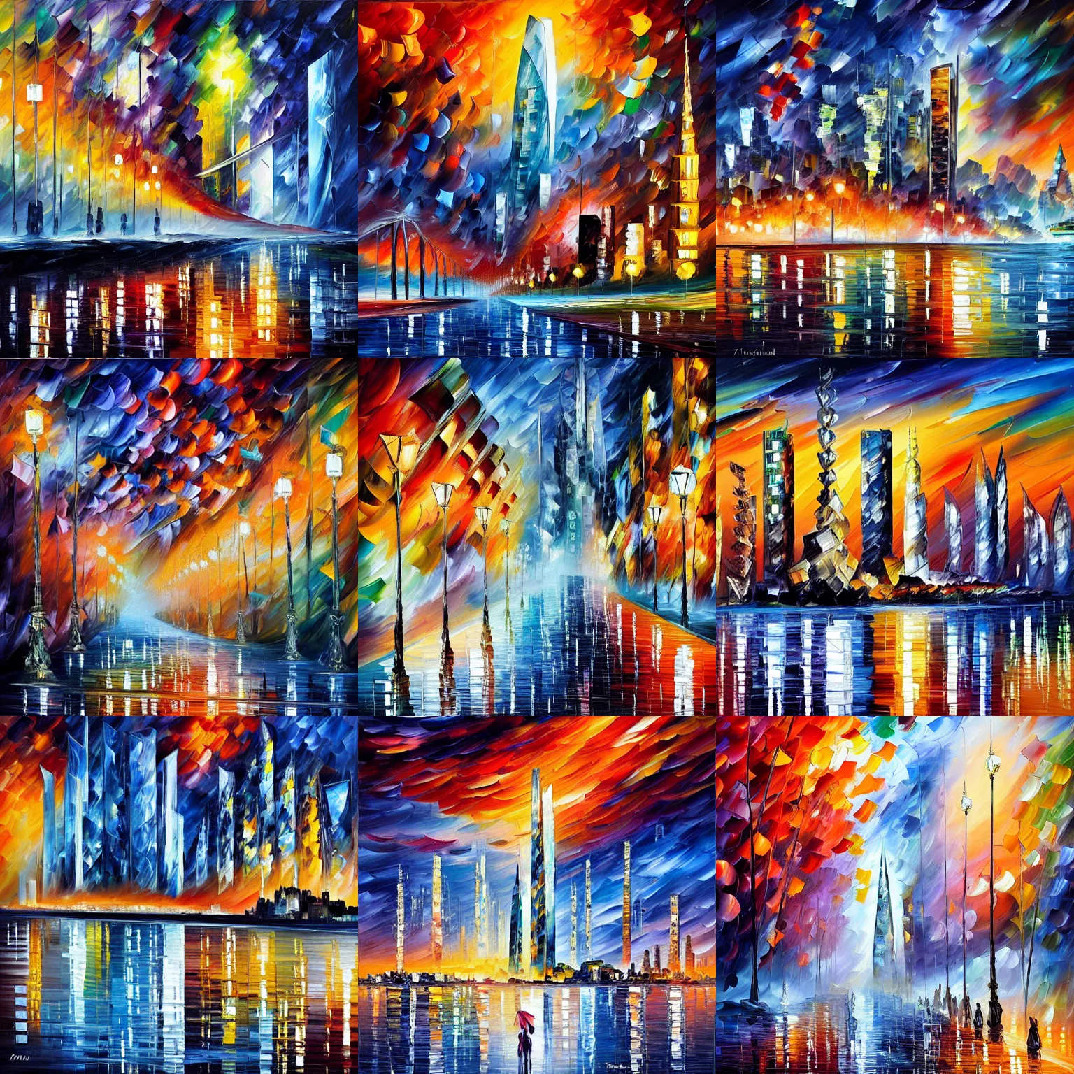 Prompt: futuristic city by zaha hadid,, intricate, highly detailed, 8 k. palette knife oil painting on canvas by leonid afremov.