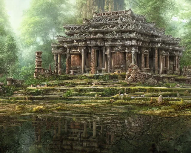 Prompt: detailed concept art of an ancient temple in an magical forest by james gurney in the style of yoshitaka amano, depth of field, unreal engine, 8 k, sharpness, artstation, award - winning realistic sci - fi concept art, in the style of james gurney.