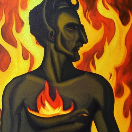 Prompt: Male god dealing with darkness and fire, oil painting