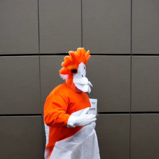 Image similar to real chicken dressed as an inmate on a jail