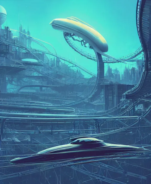 Image similar to simplicity, a roller coaster made out of simple weird organic creatures, in the style of a streamlined asymmetrical spaceship, bleak apocalyptic environment, by dan mumford, yusuke murata, makoto shinkai, ross tran, cinematic, unreal engine, cel shaded, featured on artstation, pixiv