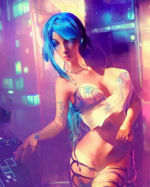 Image similar to pretty girl with blue hair, dj girl, in a club, laser lights background, sharp focus, digital painting, 8 k, concept art, art by wlop, artgerm, greg rutkowski and alphonse mucha