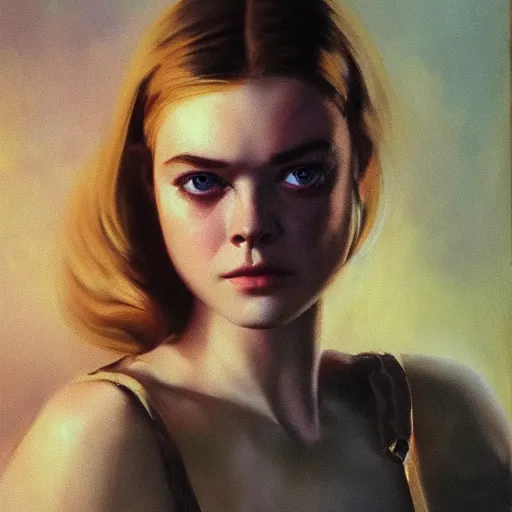 Prompt: ultra realistic medium shot portrait painting of elle fanning in the painted world of resident evil and bruce pennington, art by frank frazetta, 4 k, ultra realistic, highly detailed, epic lighting