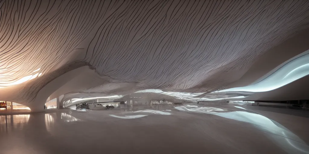 Image similar to extremely detailed awe stunning beautiful futuristic smooth curvilinear museum interior\, translucent gills, zaha hadid, stunning volumetric light, stainless steel, concrete, translucent material, beautiful sunset, hyper real, 8k, colorful, 3D cinematic volumetric light, atmospheric light