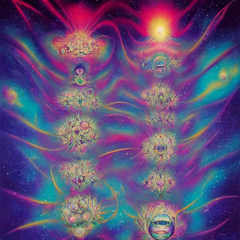 Prompt: psychedelic stars in the cosmos of spirit, by by peter rohrabacher annatto finnstark | flowers of purity, future plants, leiko ikemura, featured on cgsociety, pop surrealism, ilya kuvshinov | sparkling atom fractules of skulls and mechs deep under the spine, fantasy, surrealist pop painting, by alex grey and hr giger