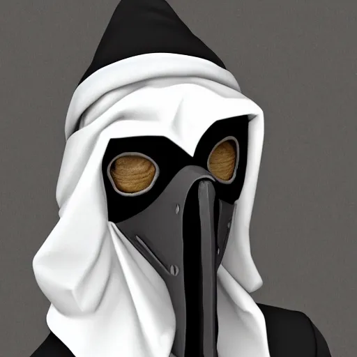 Prompt: female plague doctor donning a black hood, steel knightly armor and a white crow mask, trending on artstation