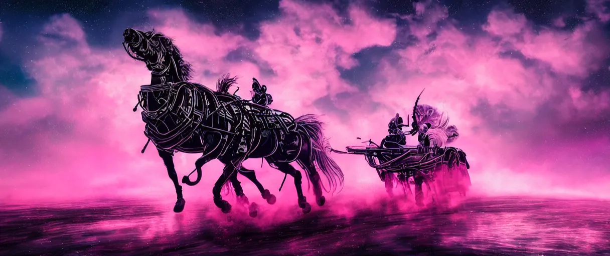 Image similar to space, a 3 horse - drawn, a mechanical horse with a pink mohawk drives a pirate spaceship, punk, hyperdetailed illustration, stars, pink, neon, oil painting, rich deep colors masterpiece, pirate neon ship, ultra detailed, contrast, heaven pink, clouds, volumetric light, atmospheric lighting, dramatic, cinematic, moody, octane render 4 k, 8 k