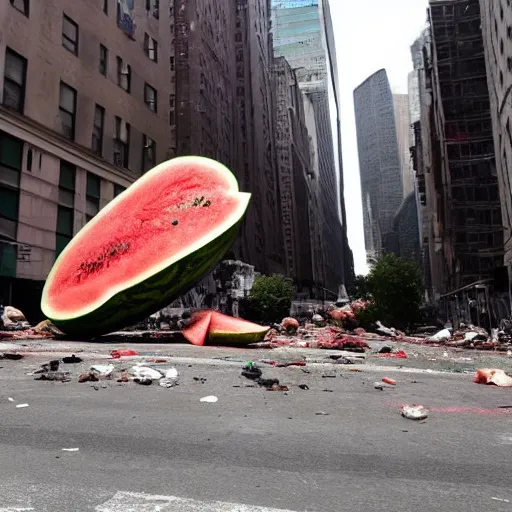 Prompt: Photo of a giant watermelon falling onto the streets of New York City makes everyone panic, surrounding buildings are destroyed, chaos is visible, color photo , hd