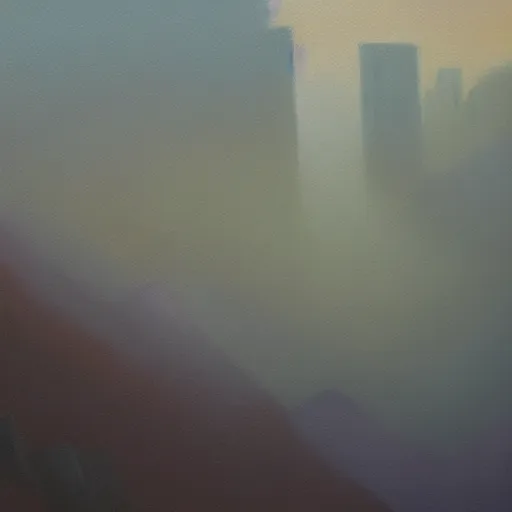 Image similar to dense city canyon fog emerald light oil painting