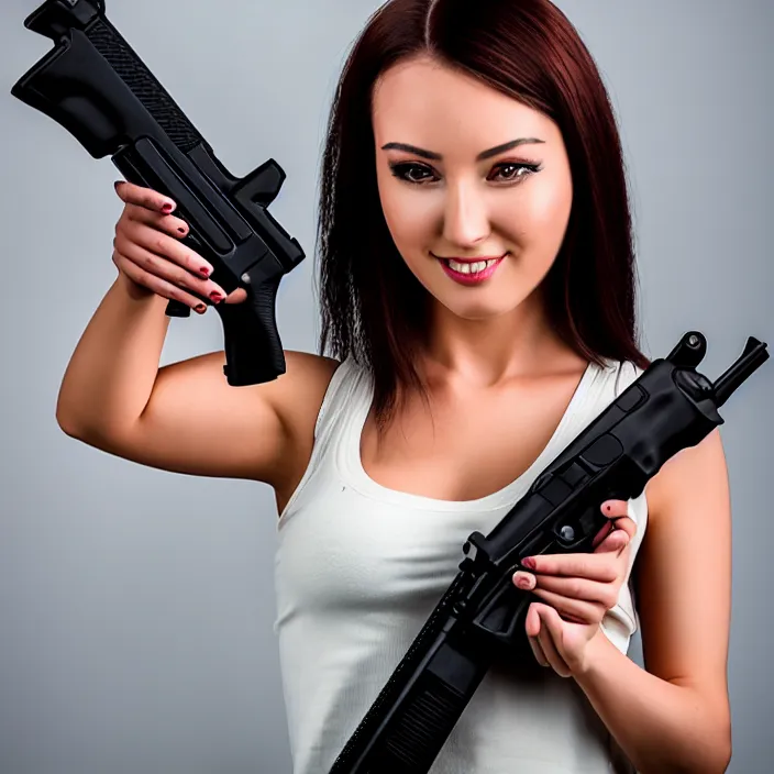 Image similar to photograph of a real-life beautiful woman holding an uzi. Extremely detailed. 8k