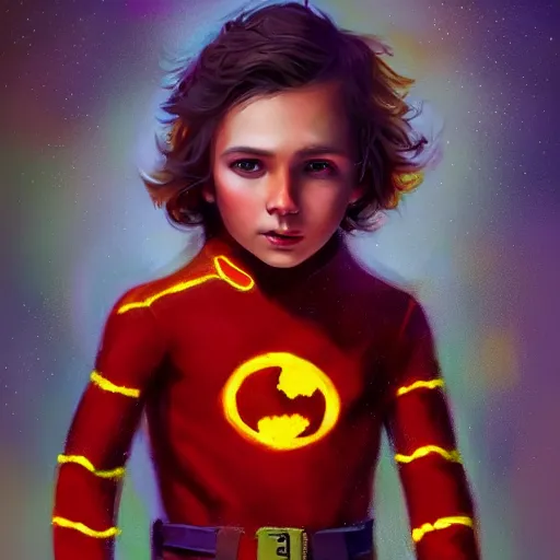 Image similar to colorful and festive captivating young child boy, brown fluffy hair, wearing red and yellow hero suit, making a two with his hand. full body, rich vivid colors, ambient lighting, dynamic lighting, 4 k, atmospheric lighting, painted, intricate, highly detailed by charlie bowater