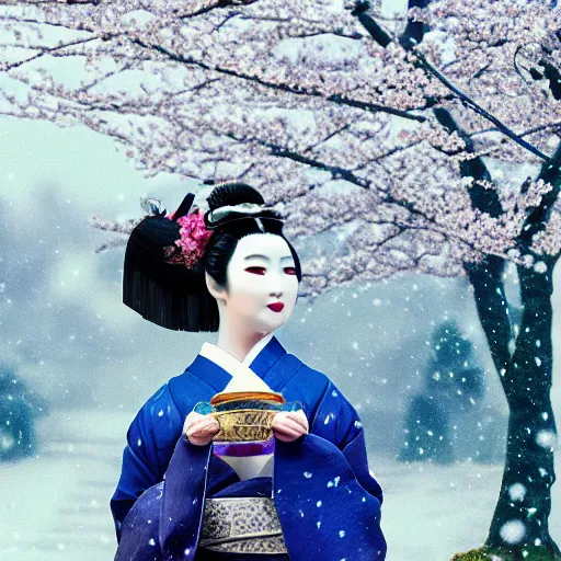 Image similar to a geisha with indigo colored geisha outfit holding out a raven with its wings spread ready to fly. snow falling in the night. japanese cherry blossoms by a babble ultrarealistic 8 k