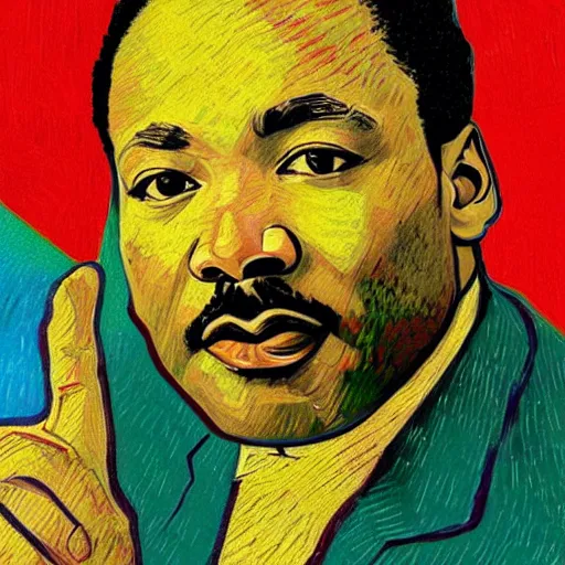Prompt: an artistic portrait of martin luther king, high quality, studio photography, colorful, hero, heroic, beautiful, in the style of vincent van gogh