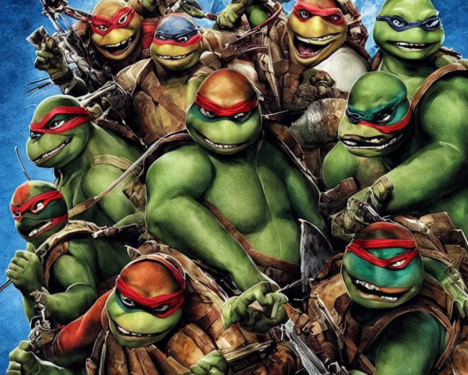 Prompt: a horror movie poster featuring teenage mutant ninja turtles