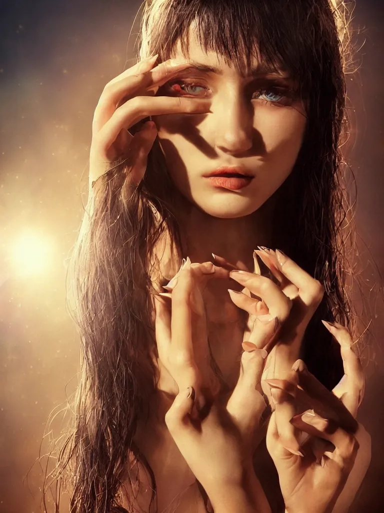 Prompt: instagram photo of a beautiful russian girl with short dark hair, pierced nose and very long fingernails, by karol bak, photography, lens flare, warm color palette, 4 k, lumen reflections