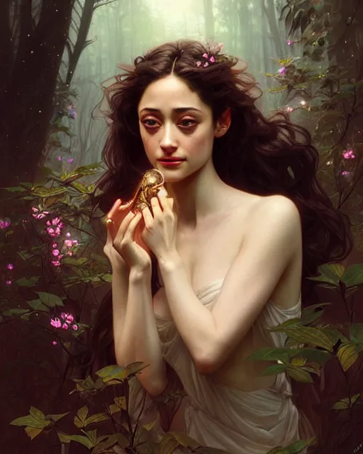 Prompt: a beautiful cinematic portrait sexy female angel, emmy rossum, fantasy forest landscape, fantasy magic, dark light night, intricate, elegant, sharp focus, illustration, highly detailed, digital painting, concept art, matte, art by wlop and artgerm and greg rutkowski and alphonse mucha, masterpiece