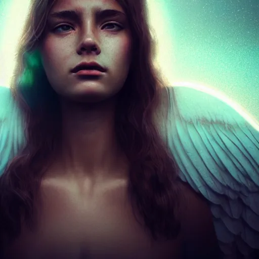 Image similar to portrait art of female angel by alessio albi 8 k ultra realistic, angel wings, lens flare, atmosphere, glow, detailed, intricate, full of colour, cinematic lighting, trending on artstation, 4 k, hyperrealistic, focused, extreme details, unreal engine 5, cinematic, masterpiece