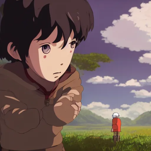 Prompt: friendly guy and small creature , with Fragile looking character portrait face made in Studio Ghibli style ,highly detailed art, beautiful scene, sharp focus, smooth, 8k, anime art, cloudy