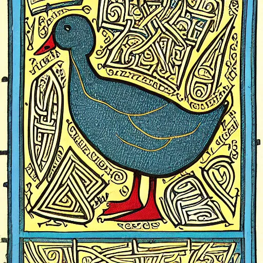 Image similar to book of kells, illustration of a duck