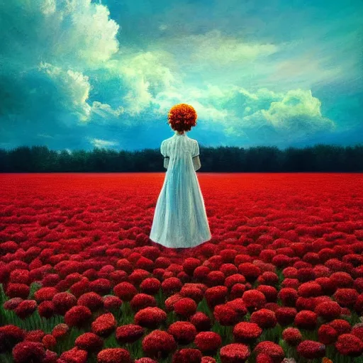 Image similar to head made of carnations flower, girl standing in a vast flower field, surreal photography, sunrise dramatic light, impressionist painting, colorful clouds, large sky, digital painting, artstation, simon stalenhag, flower face