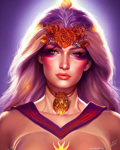 Prompt: auburn supermodel portrait with high cheekbones and fierce eyes, magical flower priestess, halo of light, WLOP and Artgerm, artstation